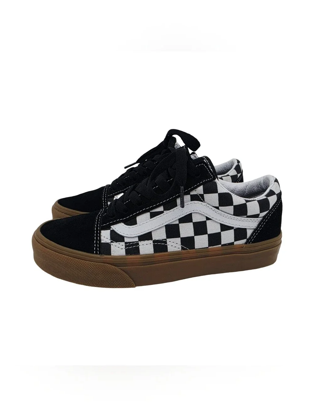 VANS Old Skool Checker Black White Gum Canvas Suede Sneakers Big Kids 4M, 5.5W